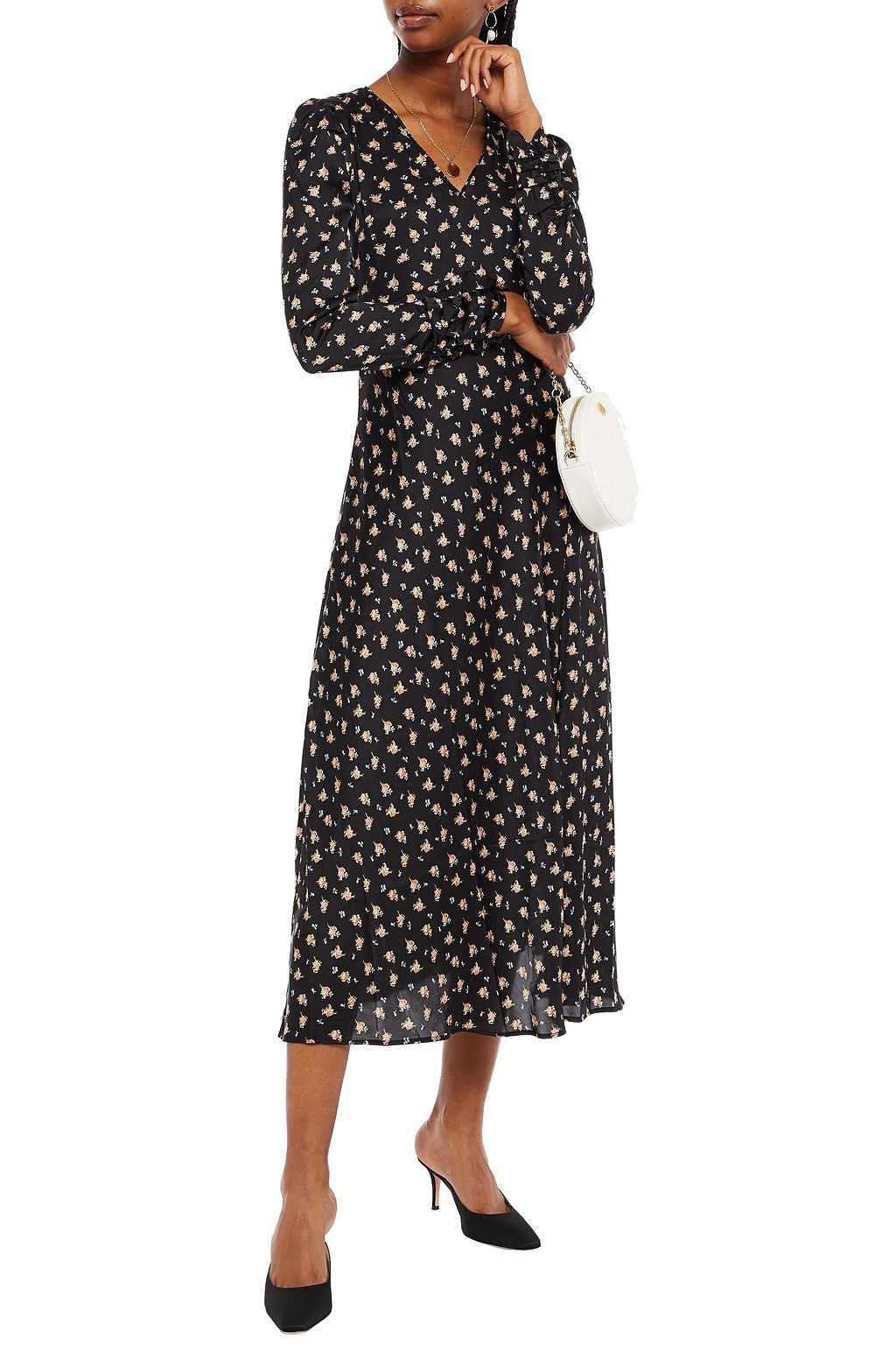 MAJE Ruffle-trimmed ruched floral-print satin midi dress | THE OUTNET