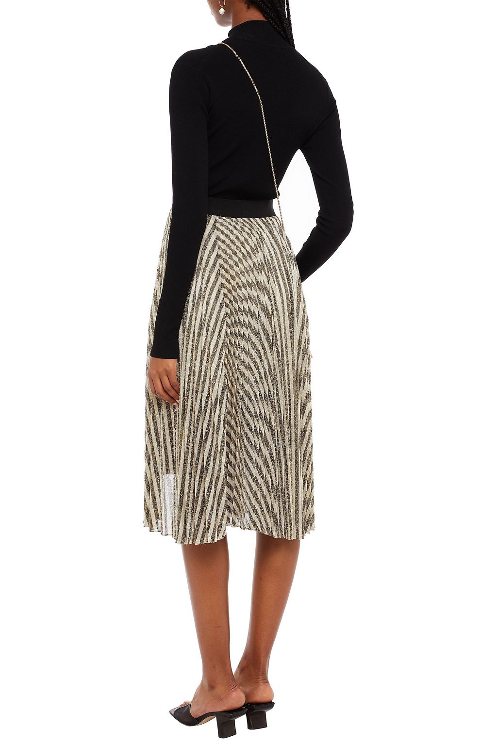 MAJE Pleated metallic striped knitted skirt