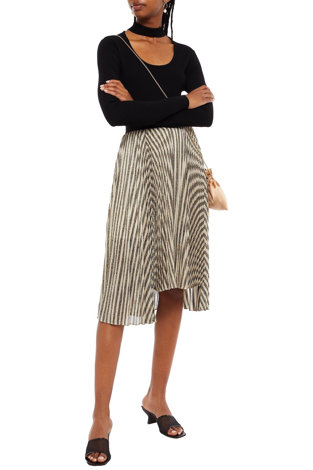 MAJE Pleated metallic striped knitted skirt