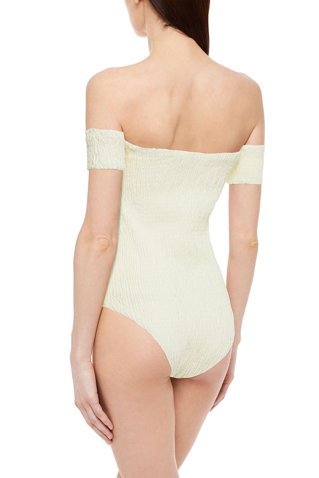 SOLID & STRIPED Off-the-shoulder stretch-seersucker swimsuit