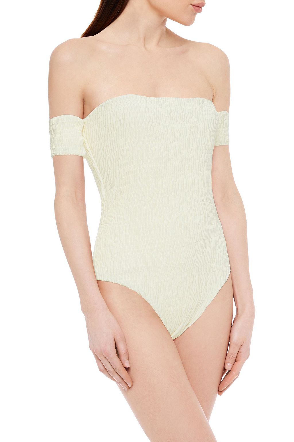 SOLID & STRIPED Off-the-shoulder stretch-seersucker swimsuit