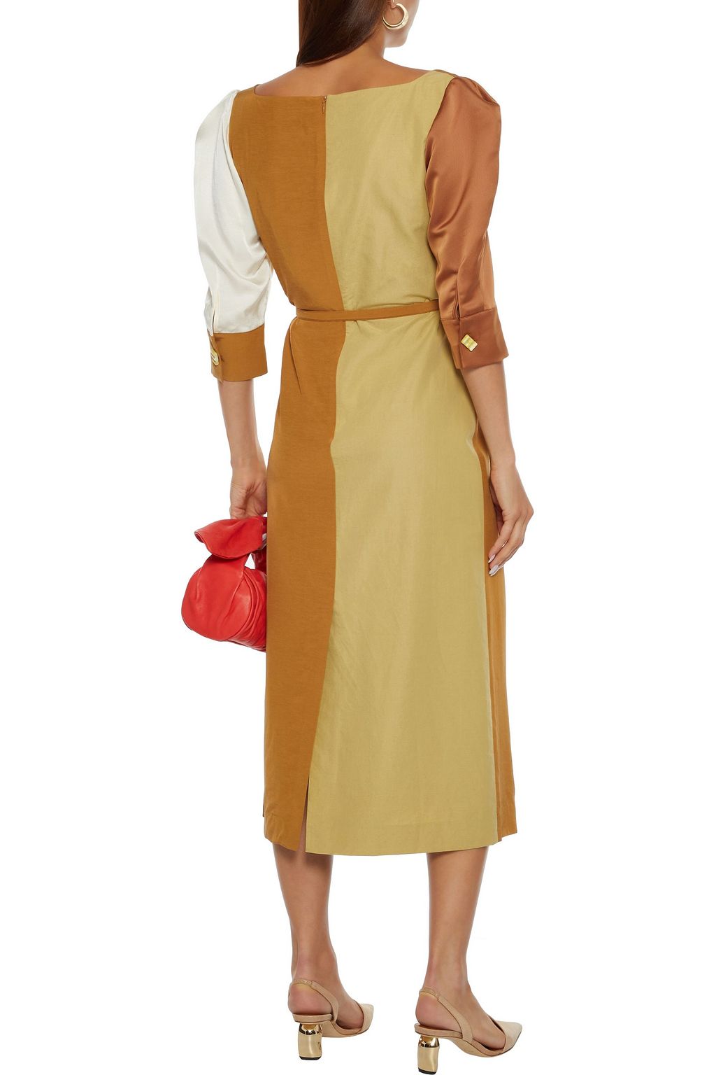 REJINA PYO Leonie belted satin-paneled shantung midi dress