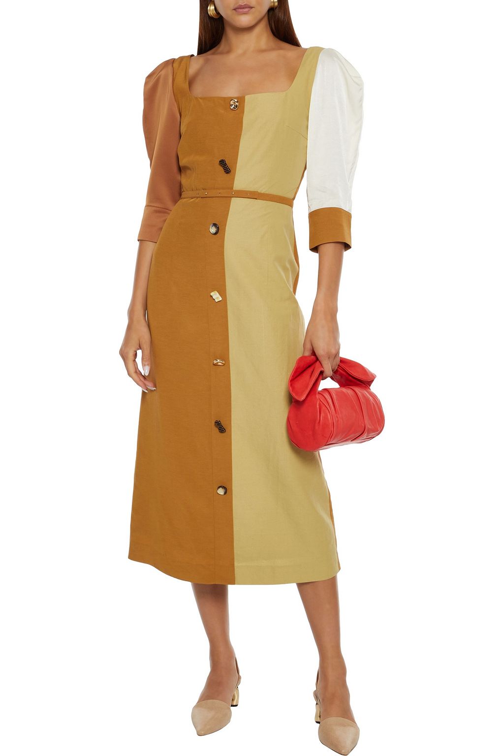 REJINA PYO Leonie belted satin-paneled shantung midi dress