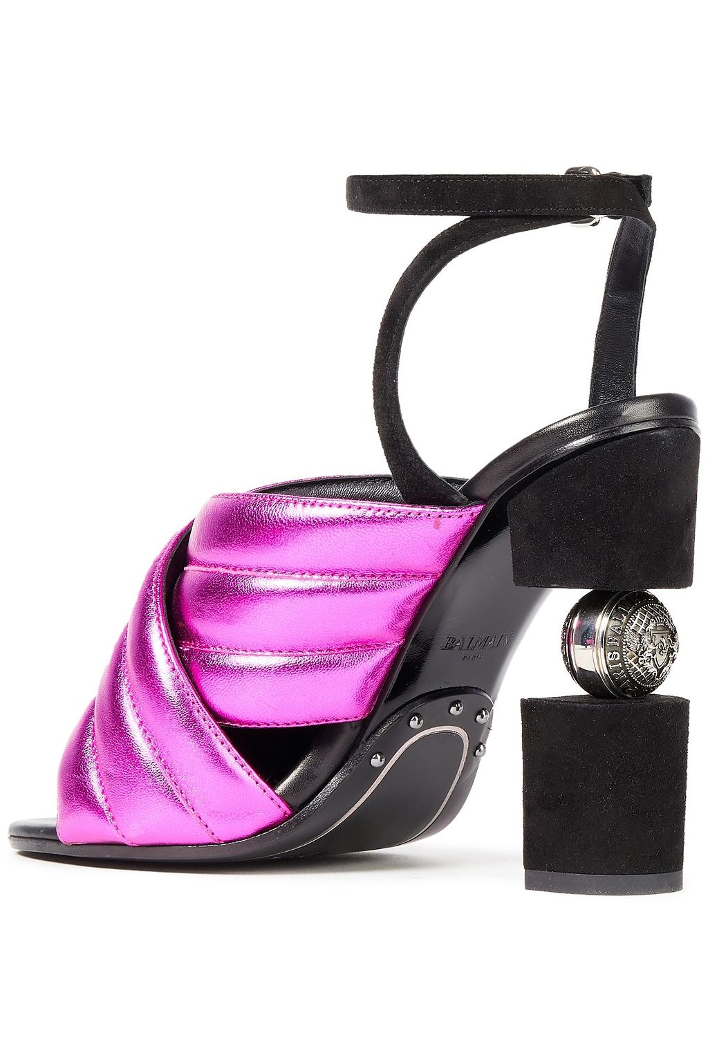 BALMAIN Suede-trimmed quilted metallic leather sandals