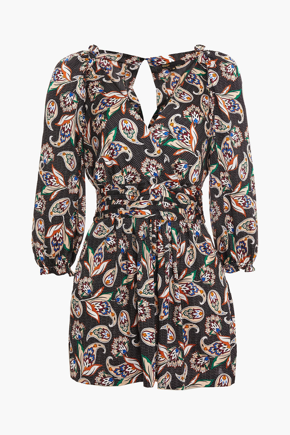 Wrap-effect printed satin playsuit