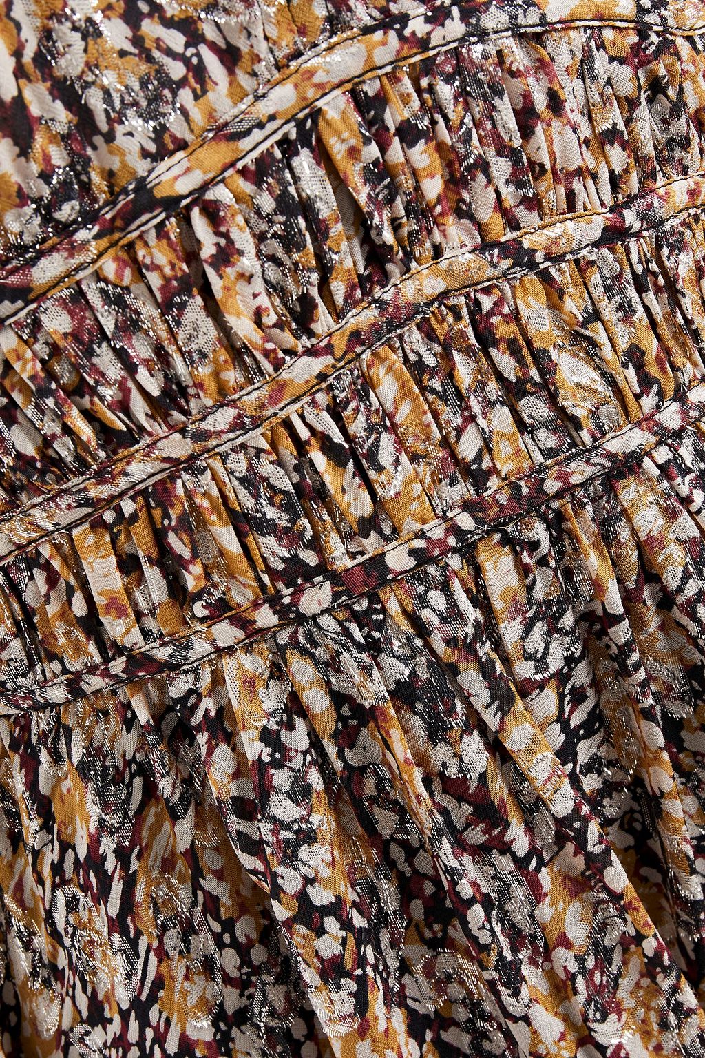 MAJE Gathered printed metallic fil coupé dress