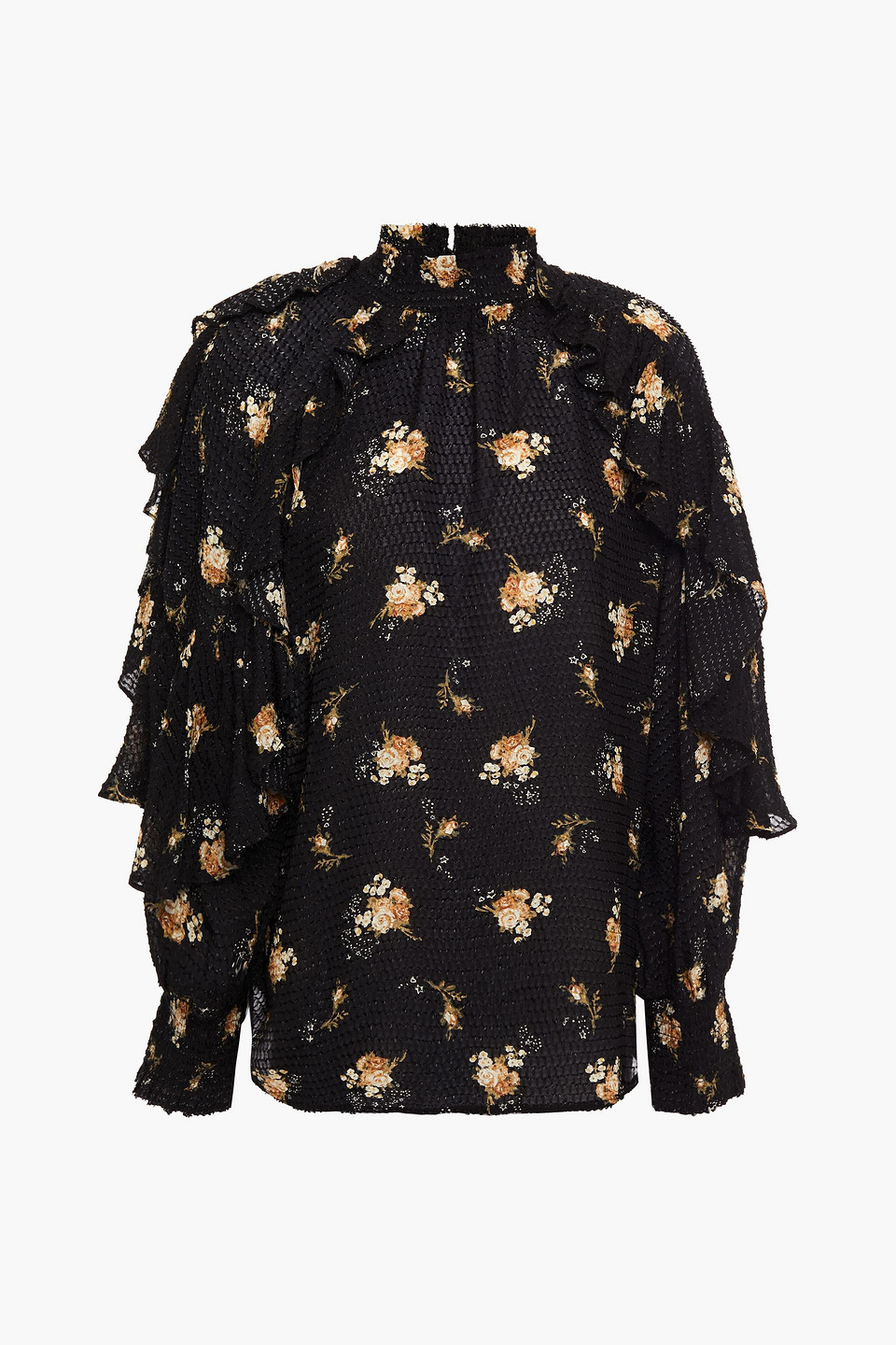 maje - ruffled floral-print fil coupé woven blouse - black - 0