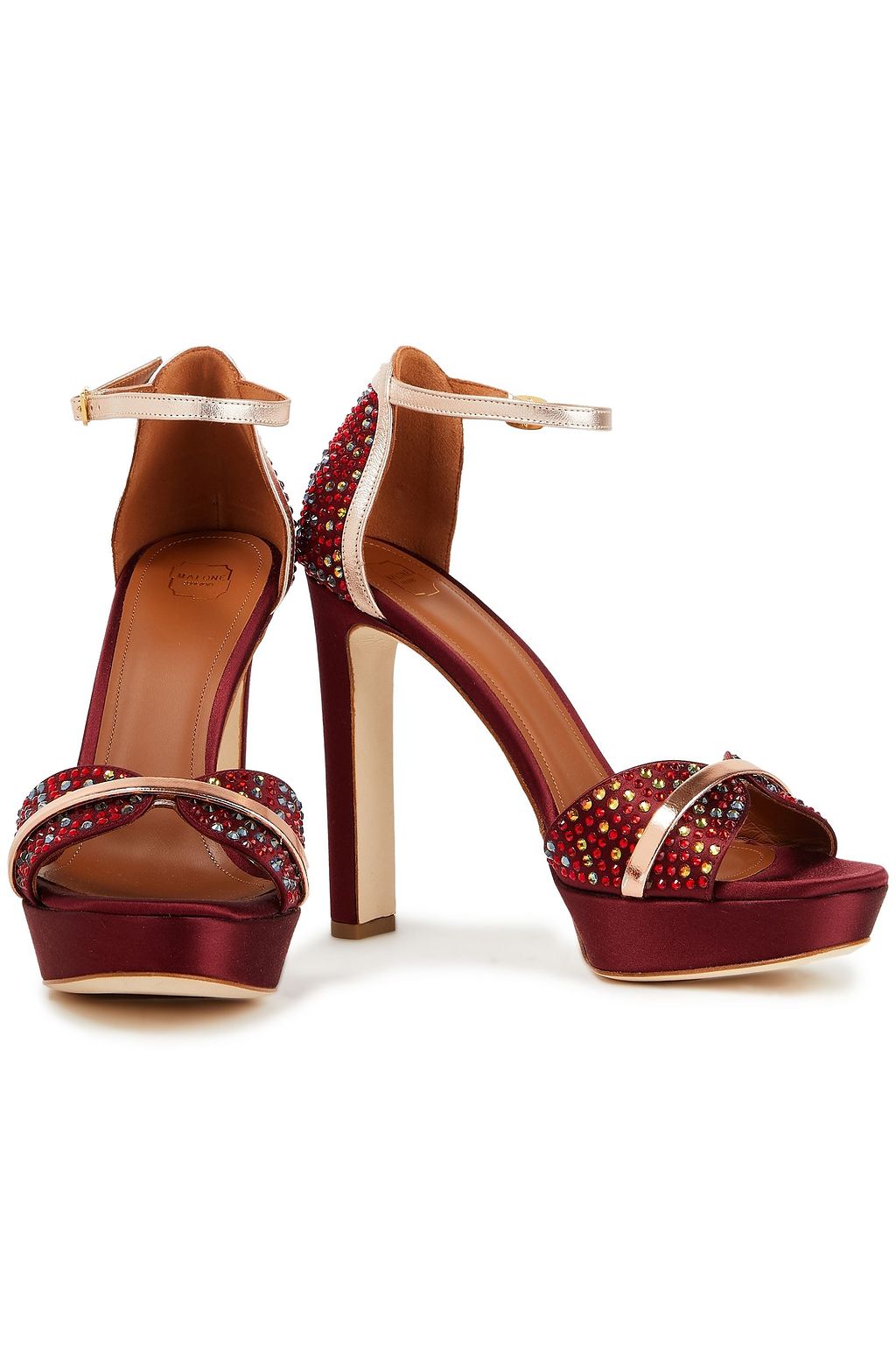 MALONE SOULIERS Miranda 125 embellished leather-trimmed satin platform sandals