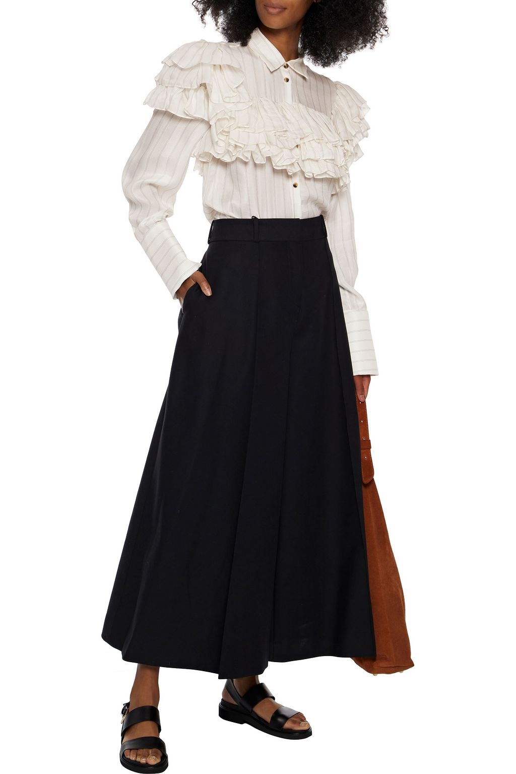 KHAITE Preston ruffled pinstriped silk-blend twill blouse