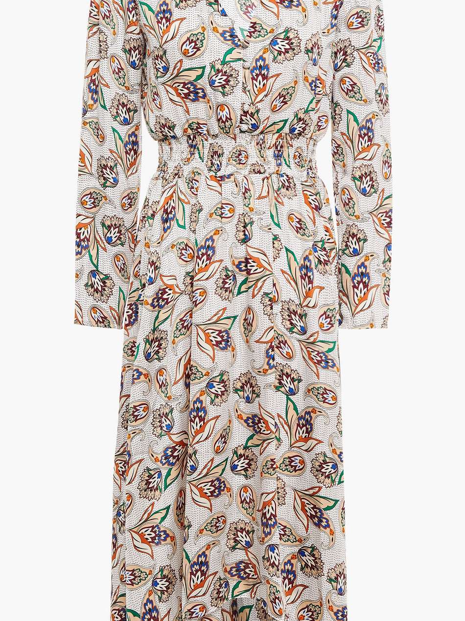 shirred printed satin dress