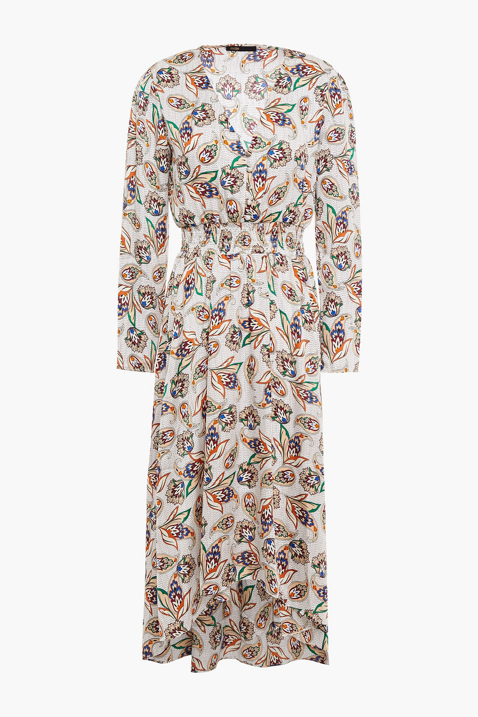 Shirred printed satin dress