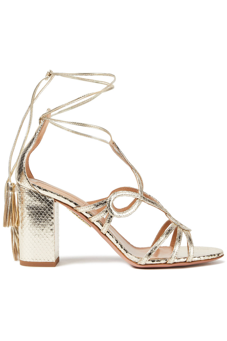 Aquazzura Woman Metallic Snake-effect Leather Sandals Platinum Size 37