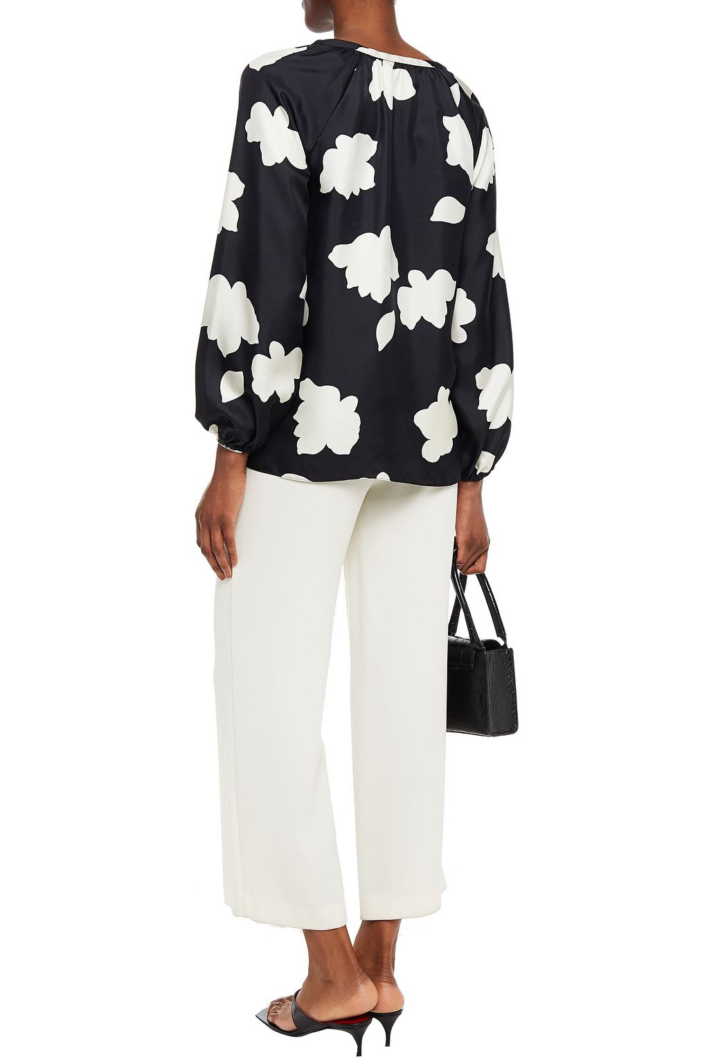 THEORY Gathered printed silk-twill top