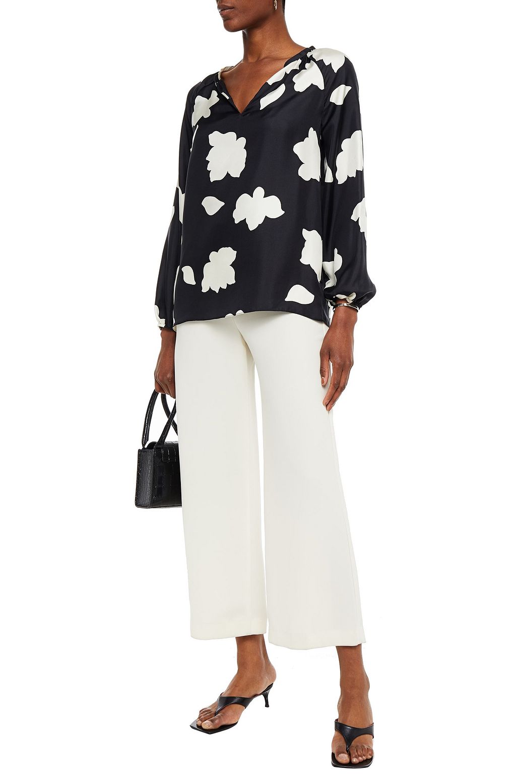 THEORY Gathered printed silk-twill top