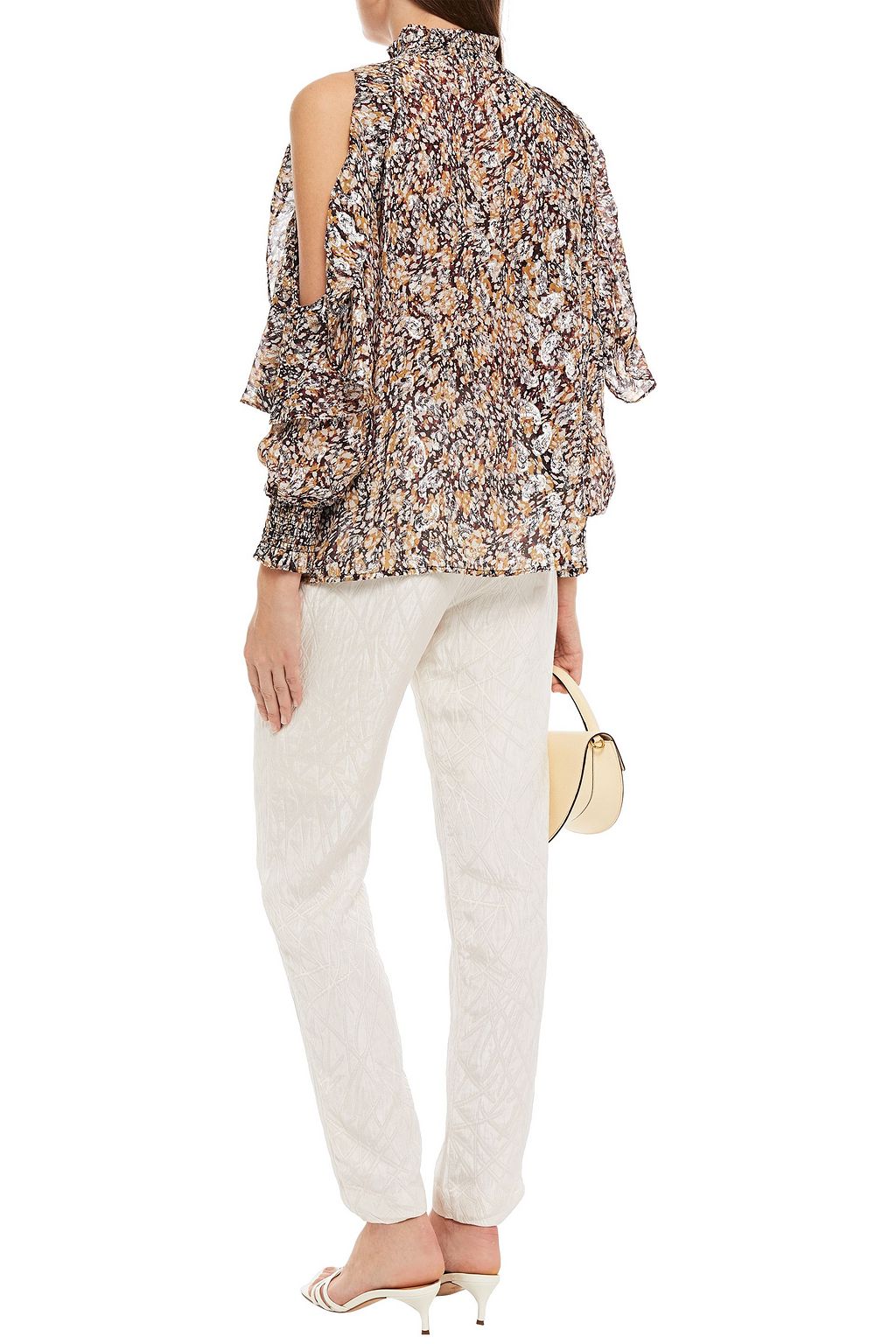 MAJE Cold-shoulder printed metallic fil coupé top