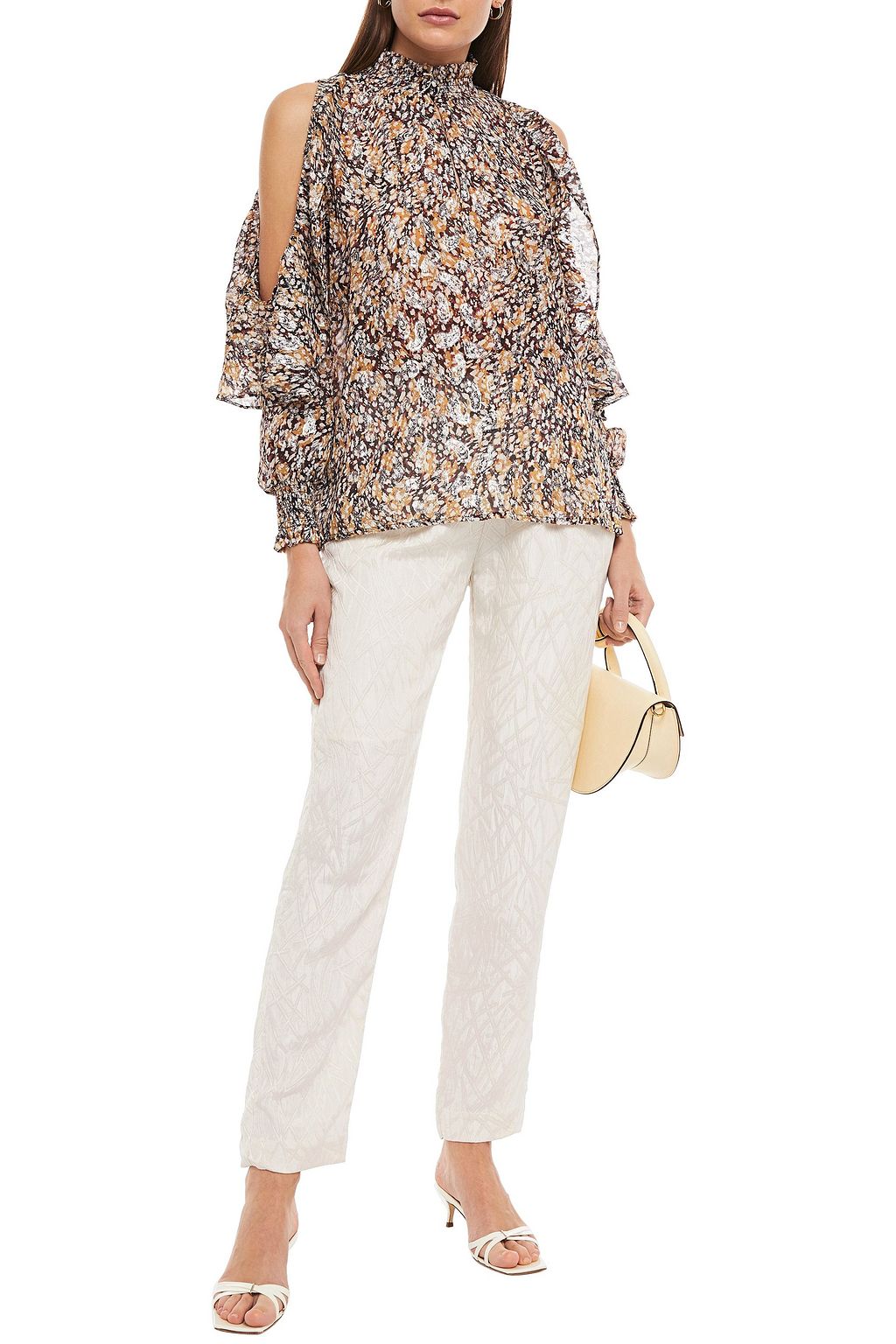 MAJE Cold-shoulder printed metallic fil coupé top