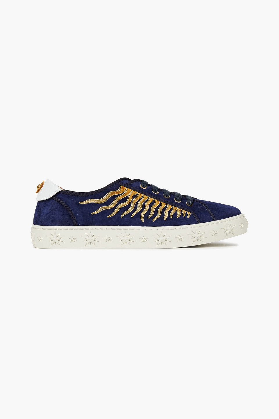 Aquazzura Woman Sun Ray Metallic Embroidered Suede Sneakers Indigo Size 35.5