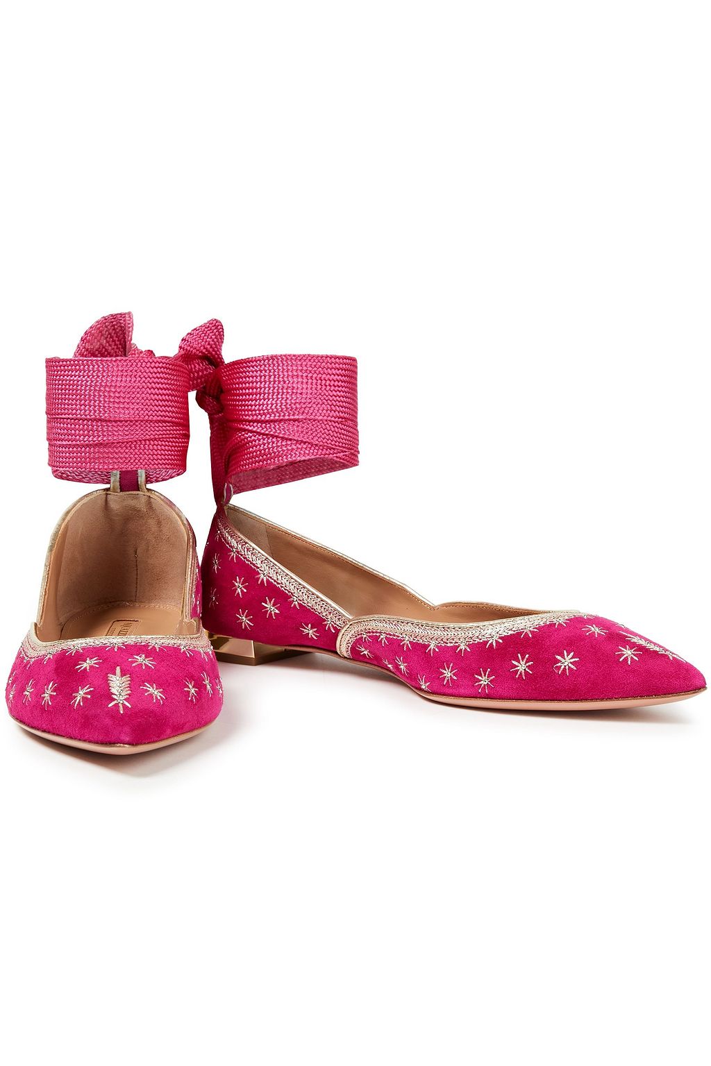 AQUAZZURA Bliss lace-up embellished suede point-toe flats