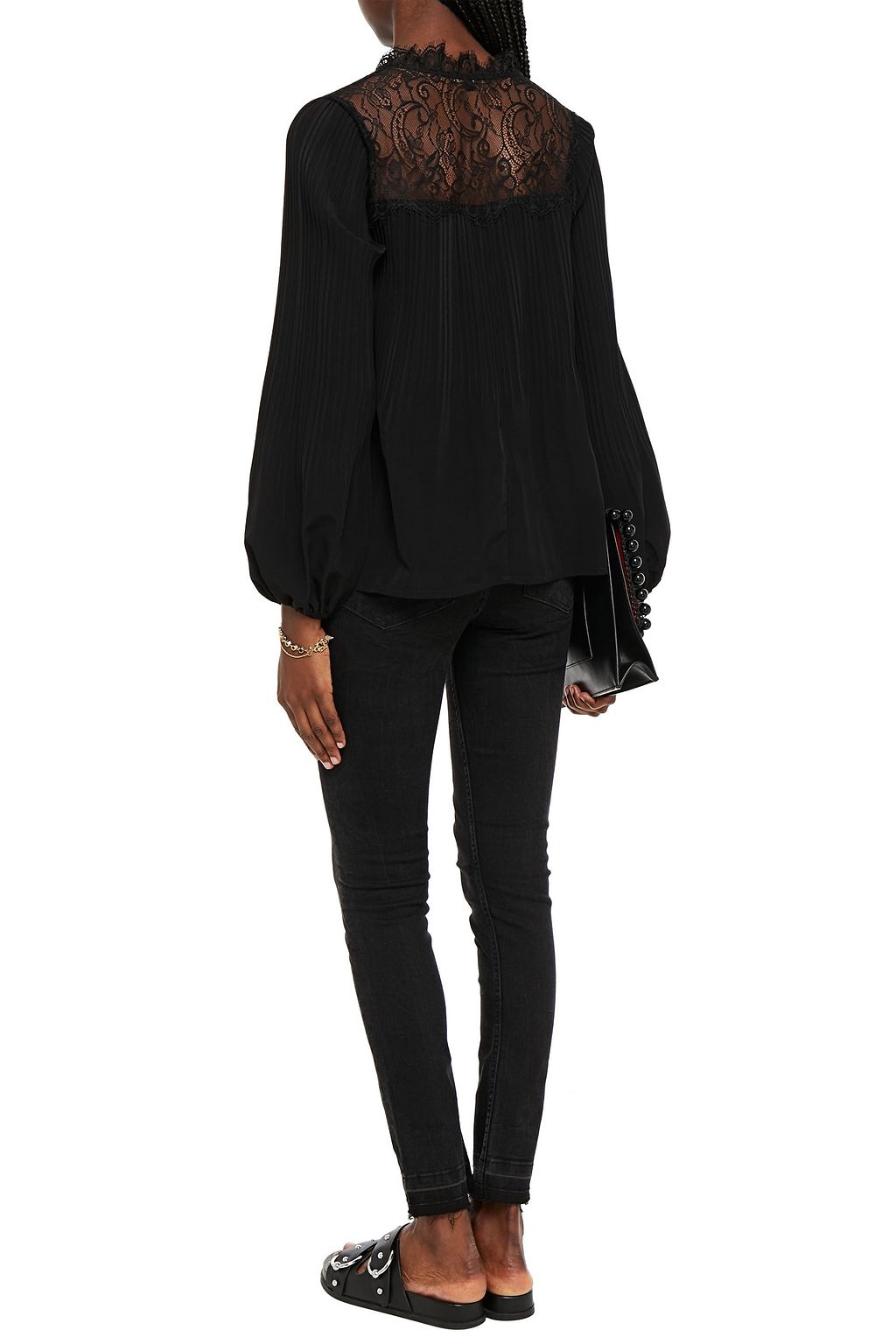 MAJE Lace-paneled pleated satin-crepe blouse
