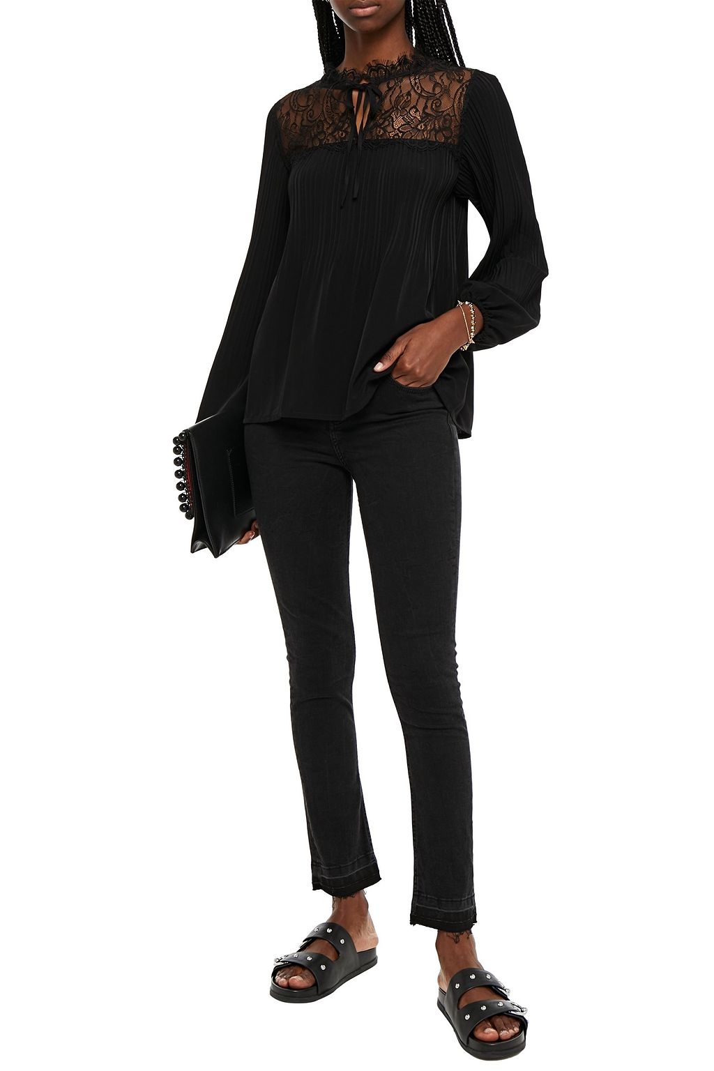 MAJE Lace-paneled pleated satin-crepe blouse