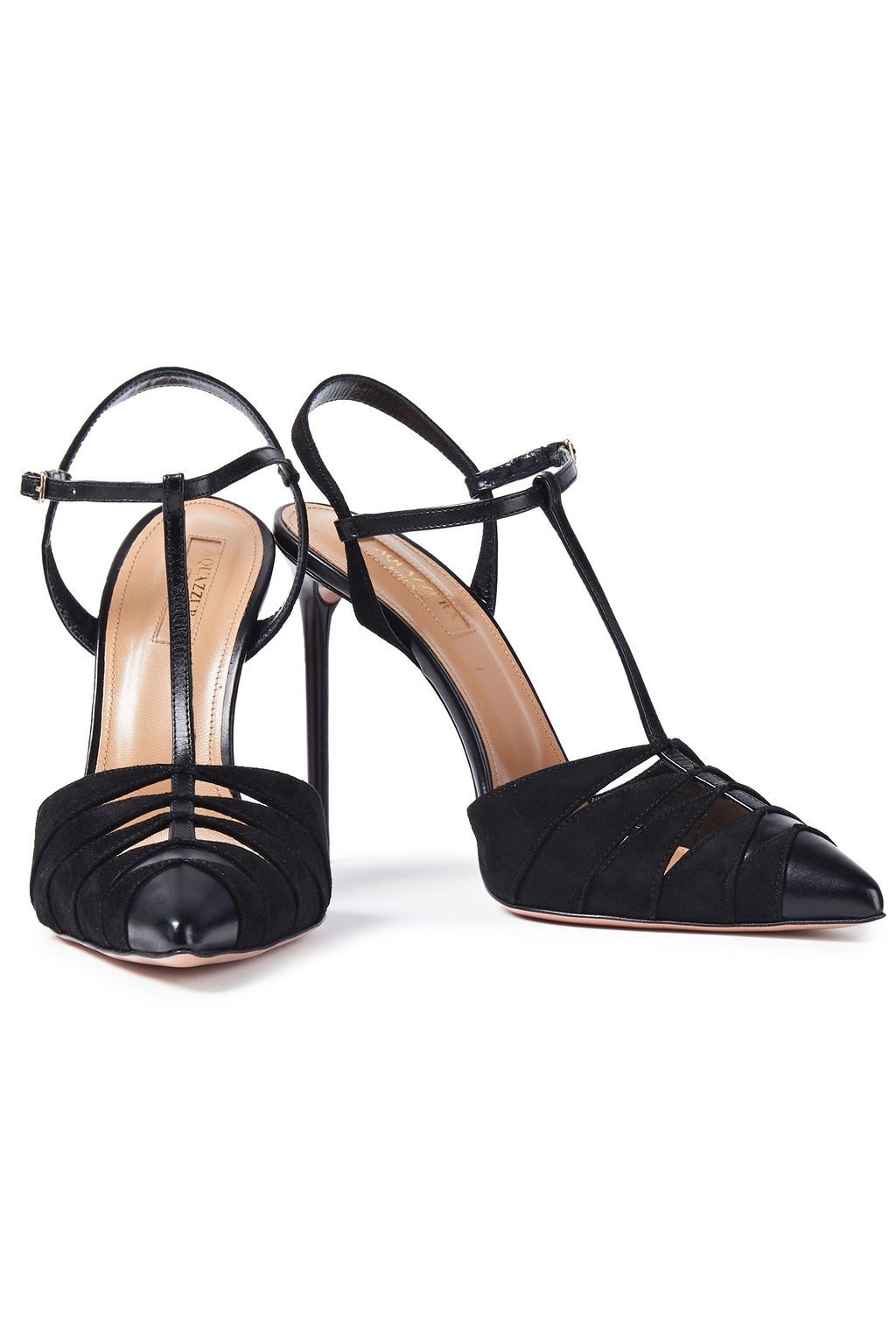 AQUAZZURA Panthere cutout leather-trimmed suede pumps