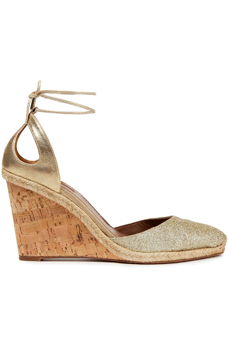 Aquazzura Woman Palm Beach 90 Metallic Leather And Glittered Canvas Wedge Espadrilles Gold Size 41