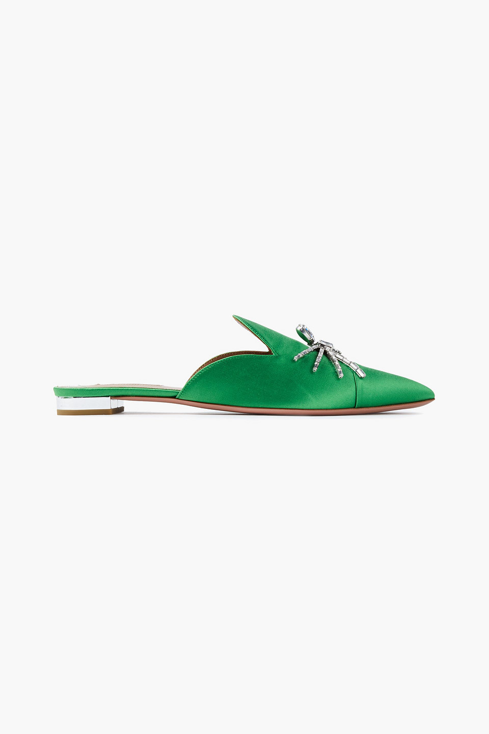 Aquazzura Woman Crystal Spider Embellished Satin Slippers Bright Green Size 35.5