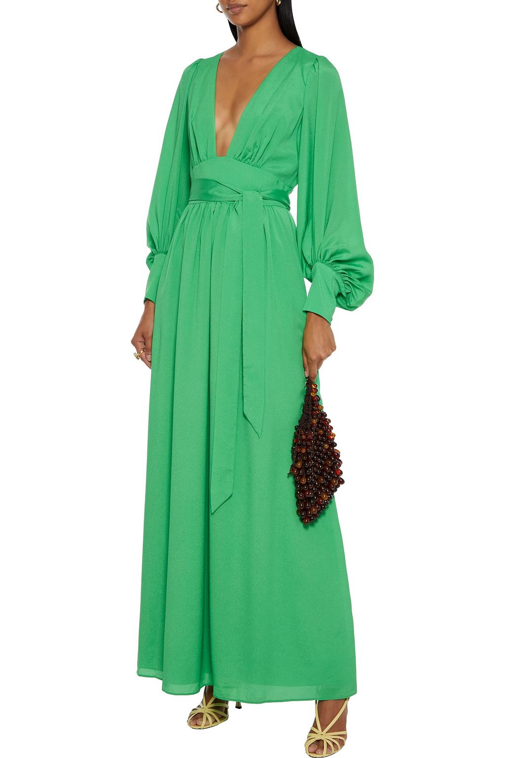 ONE33 SOCIAL Belted gathered crepe de chine maxi dress