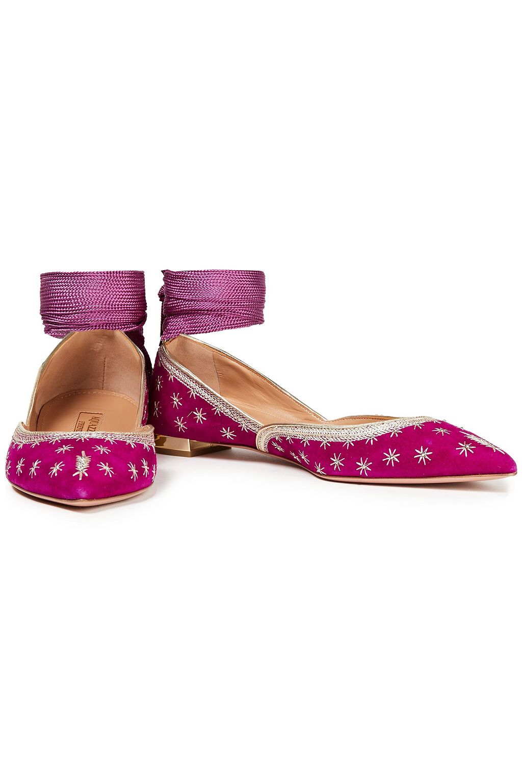 AQUAZZURA Bliss lace-up embellished suede point-toe flats