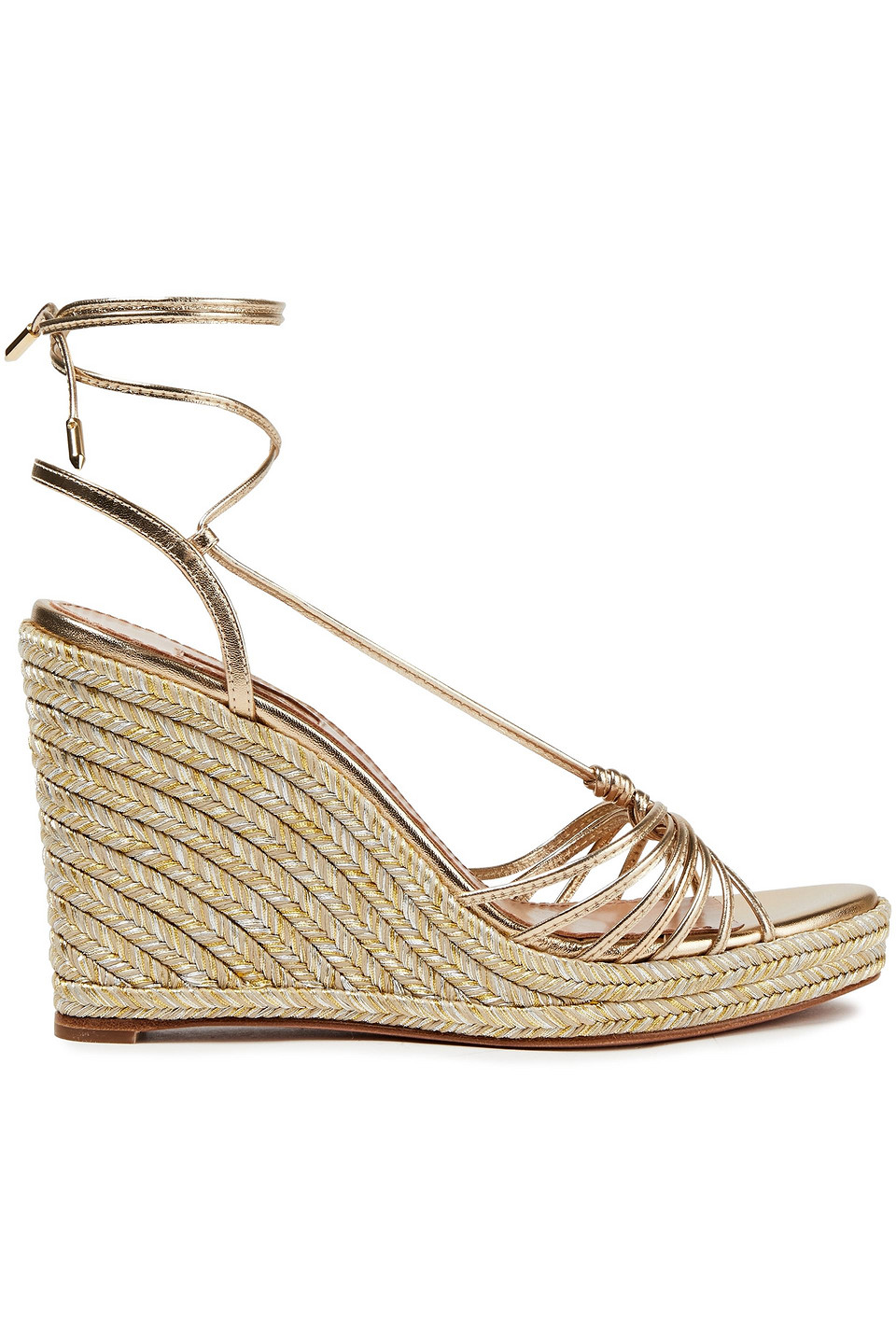 Aquazzura Woman Lace-up Metallic Leather Espadrille Wedge Sandals Platinum Size 37