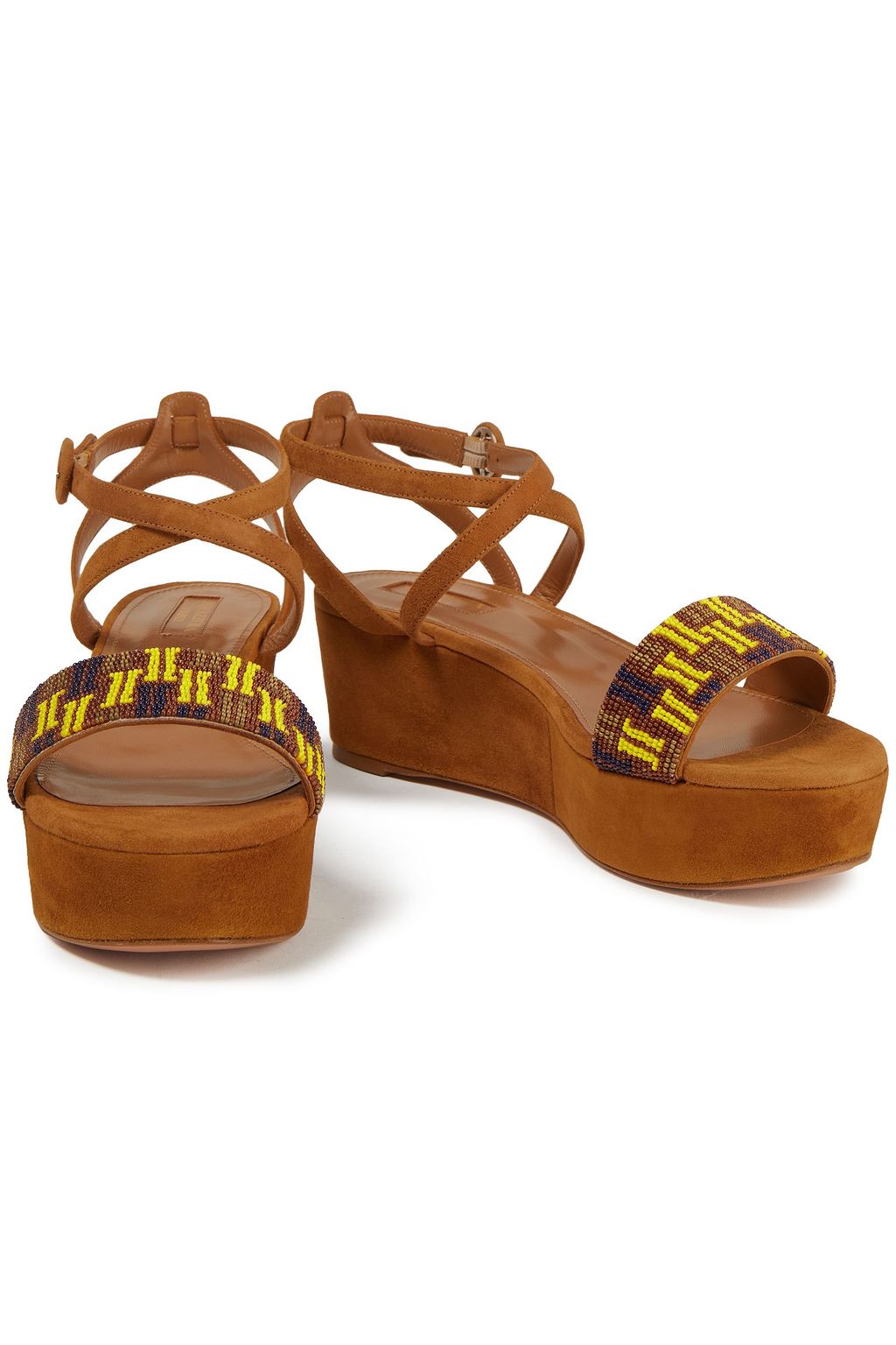AQUAZZURA صندل بكعب ويدج "هافانا" من الشامواه مزين بالخرز