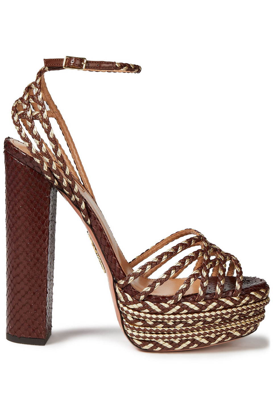Aquazzura Woman Cozumel 140 Faux Snake-effect And Braided Leather Platform Sandals Chocolate Size 39
