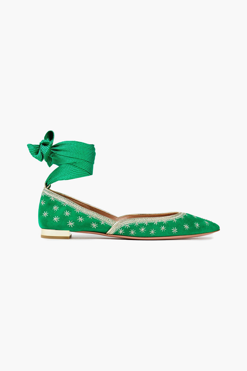 Aquazzura Woman Bliss Lace-up Embellished Suede Point-toe Flats Green Size 40.5