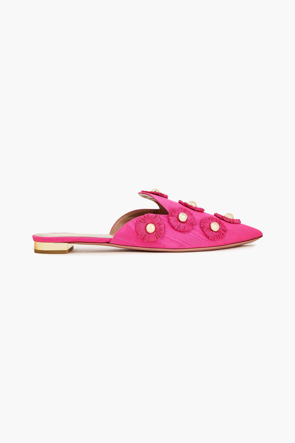 Aquazzura Woman Sunflower Studded Fringed Moire Slippers Bright Pink Size 35.5