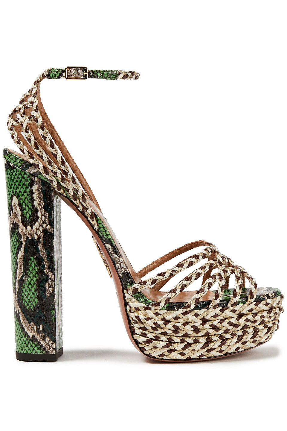 Aquazzura Woman Cozumel 140 Elaphe-trimmed Braided Faux Leather Platform Sandals Leaf Green Size 40