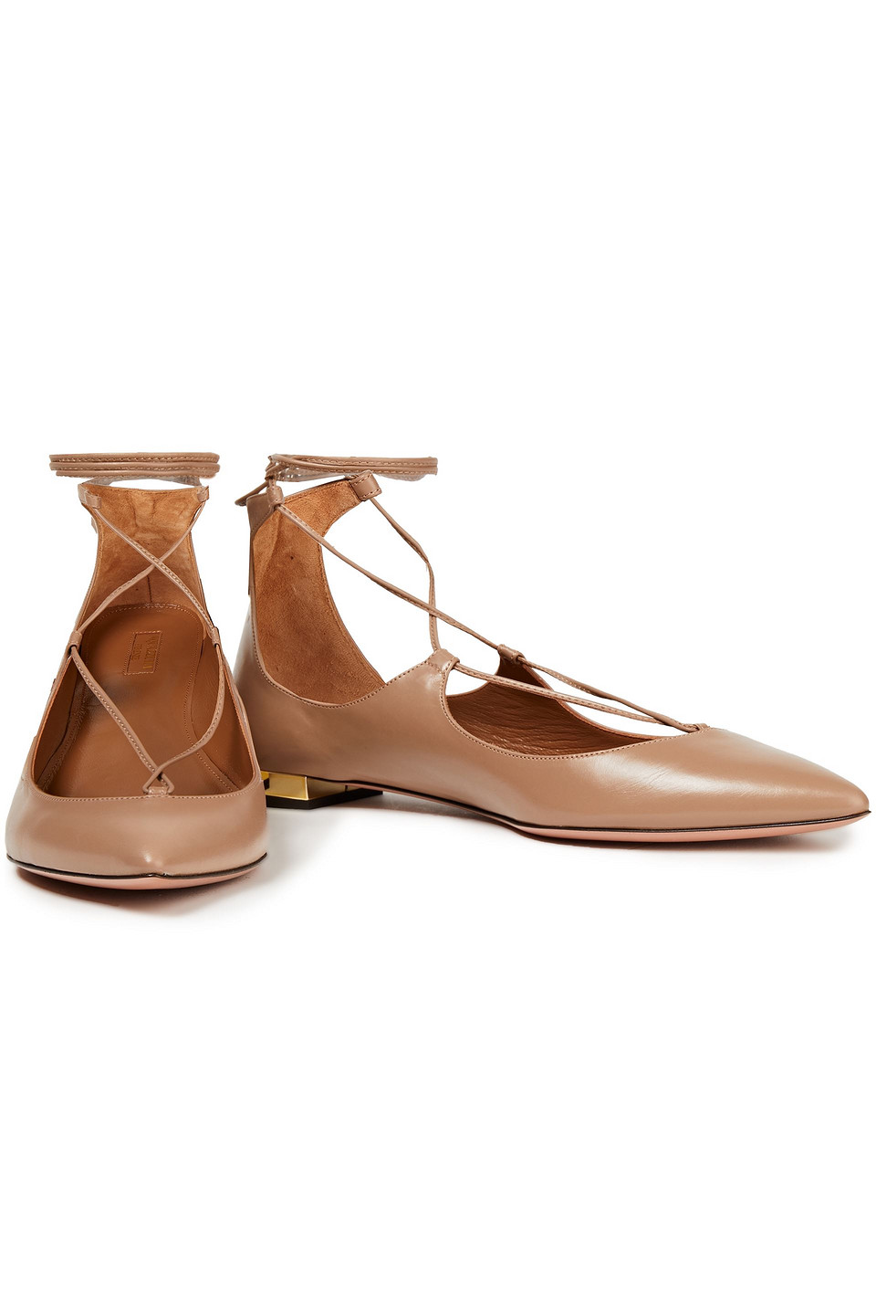 Aquazzura Christy Lace Up Leather Point Toe Flats In Neutral Modesens
