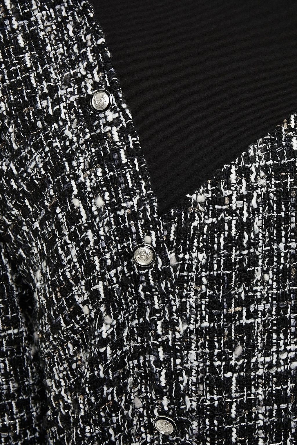 MAJE Layered cutout jersey and metallic tweed top