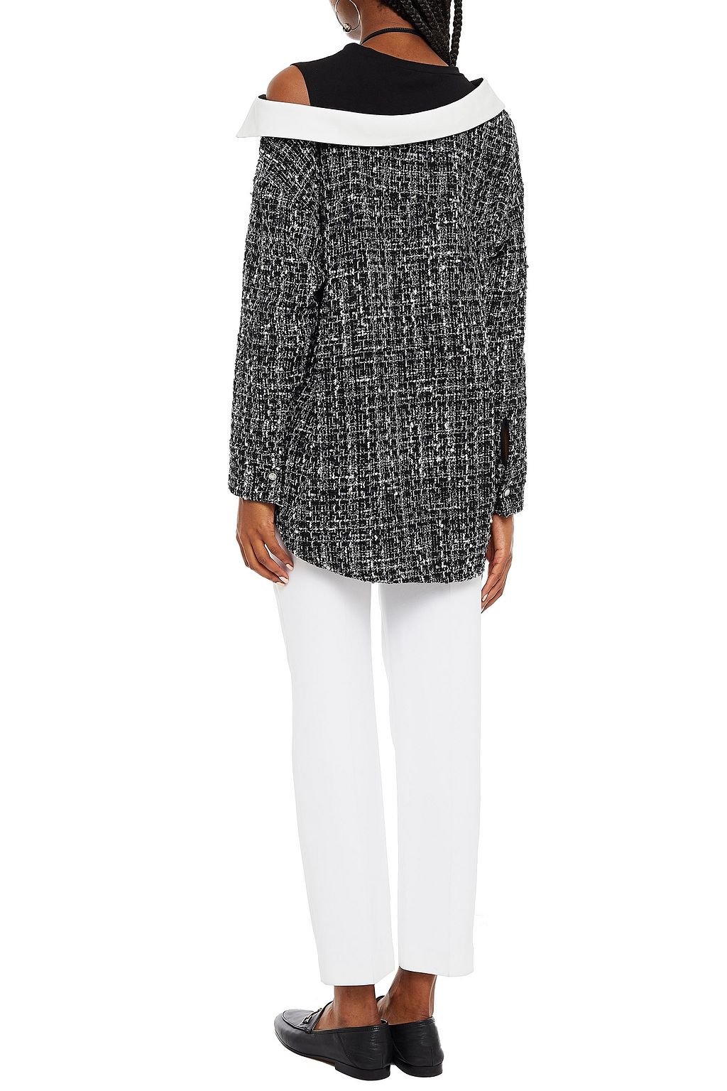 MAJE Layered cutout jersey and metallic tweed top