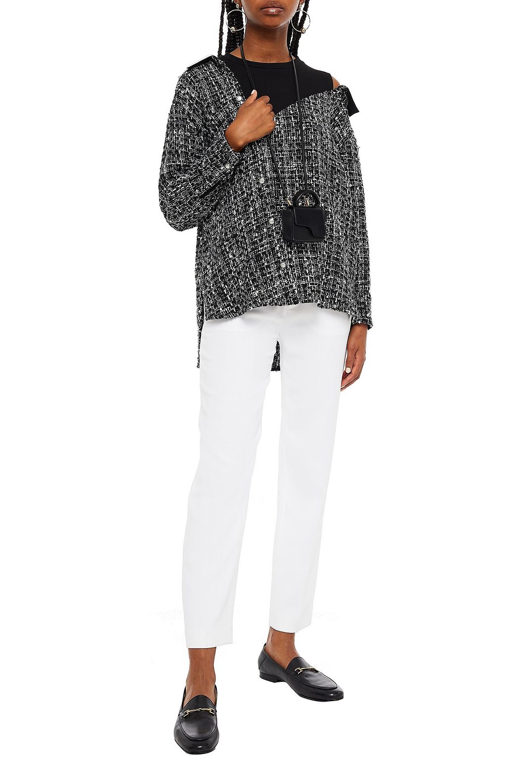 MAJE Layered cutout jersey and metallic tweed top
