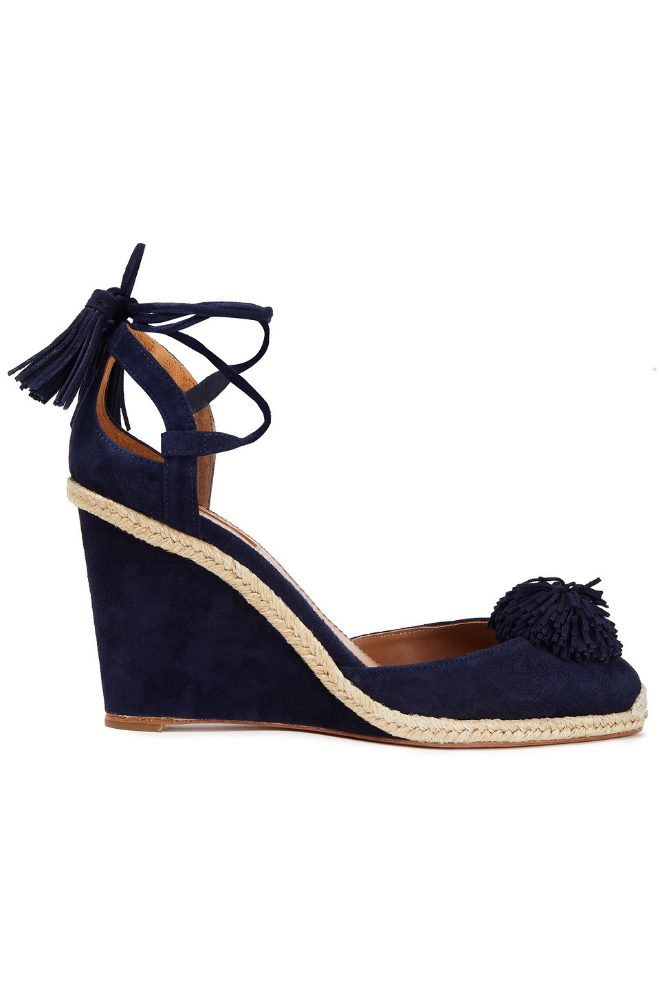 Aquazzura Woman Sunshine 90 Pompom-embellished Suede Wedge Espadrilles Navy Size 41