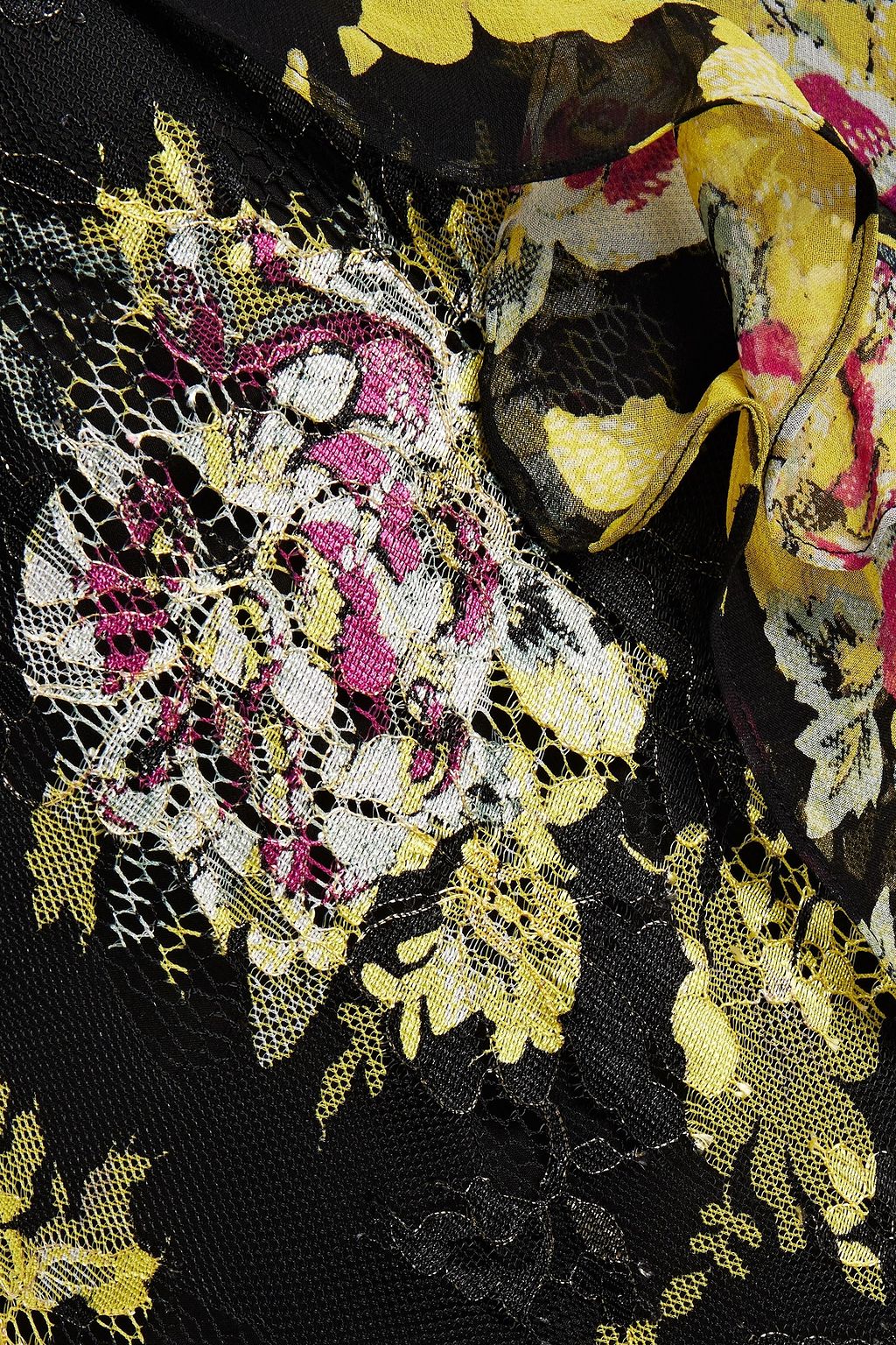 DIANE VON FURSTENBERG Robe aus Spitze und Seiden-Georgette mit Rüschen, floralem Print und Wickeleffekt