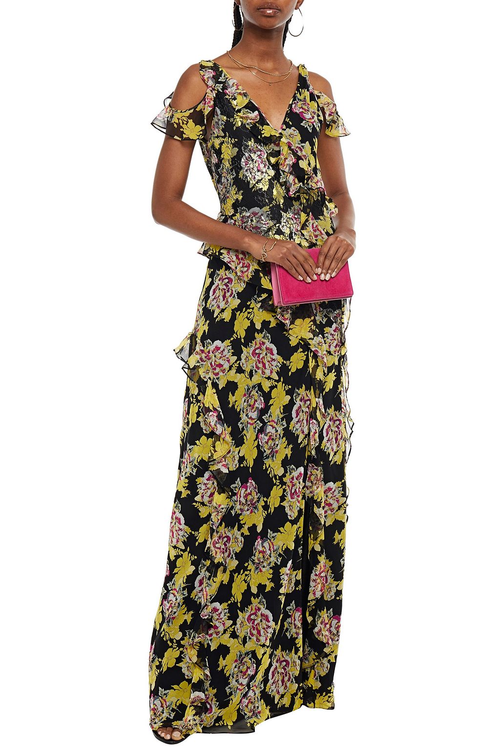 DIANE VON FURSTENBERG Robe aus Spitze und Seiden-Georgette mit Rüschen, floralem Print und Wickeleffekt