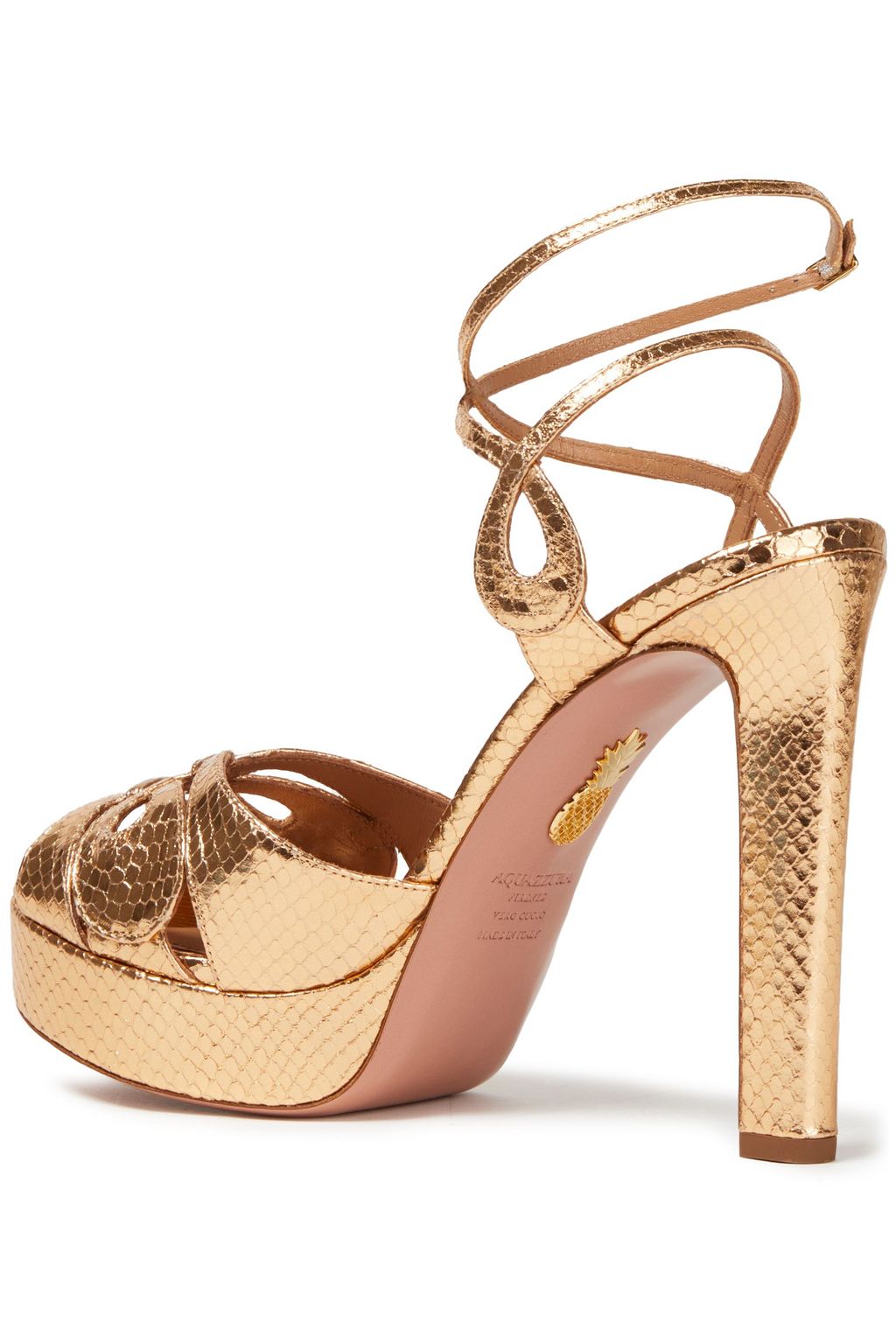 AQUAZZURA Gardena metallic snake-effect leather platform sandals
