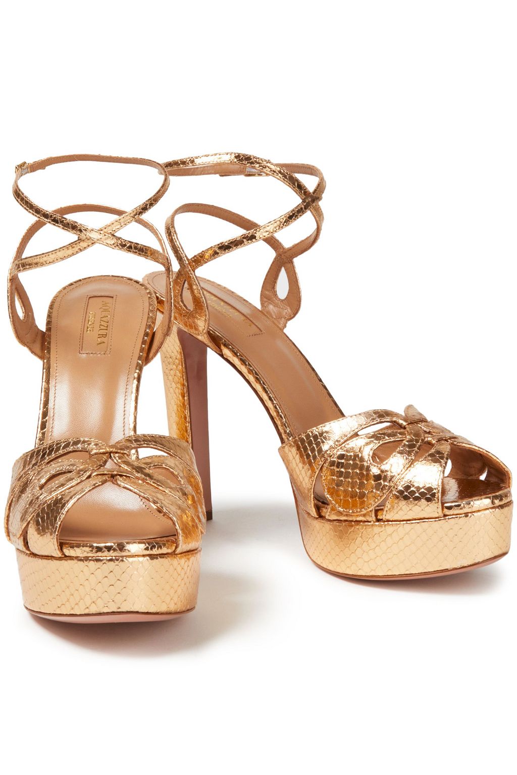 AQUAZZURA Gardena metallic snake-effect leather platform sandals