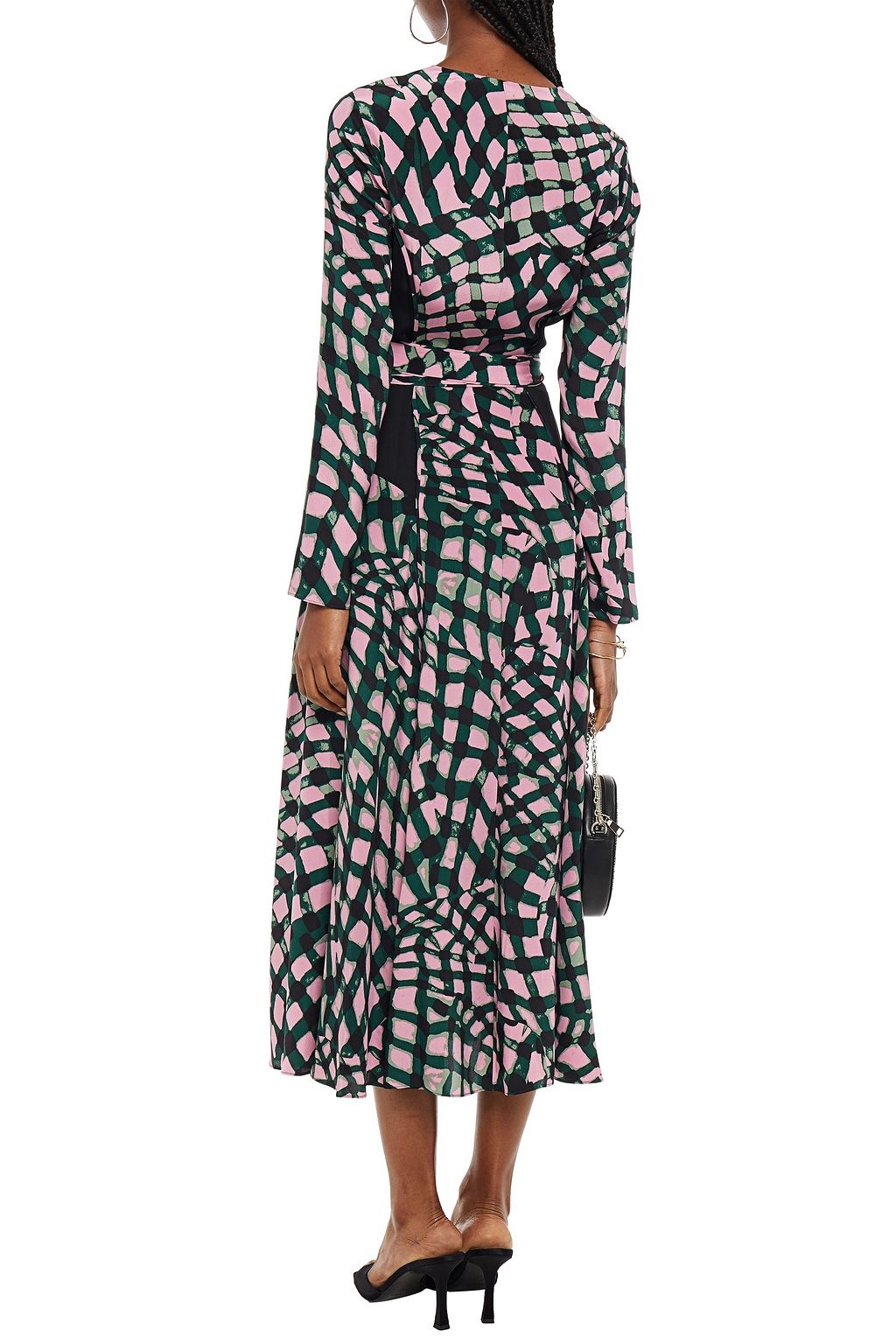 DIANE VON FURSTENBERG فستان متوسط الطول بتصميم ملفوف من قماش كريب دي شين الحريري المطبّع برسومات