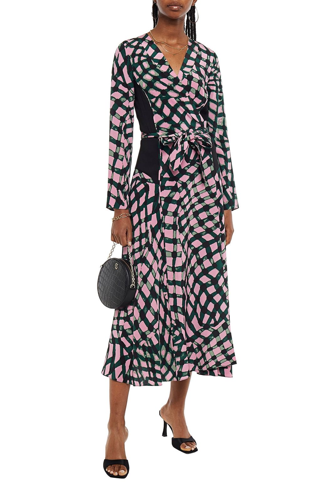 DIANE VON FURSTENBERG فستان متوسط الطول بتصميم ملفوف من قماش كريب دي شين الحريري المطبّع برسومات