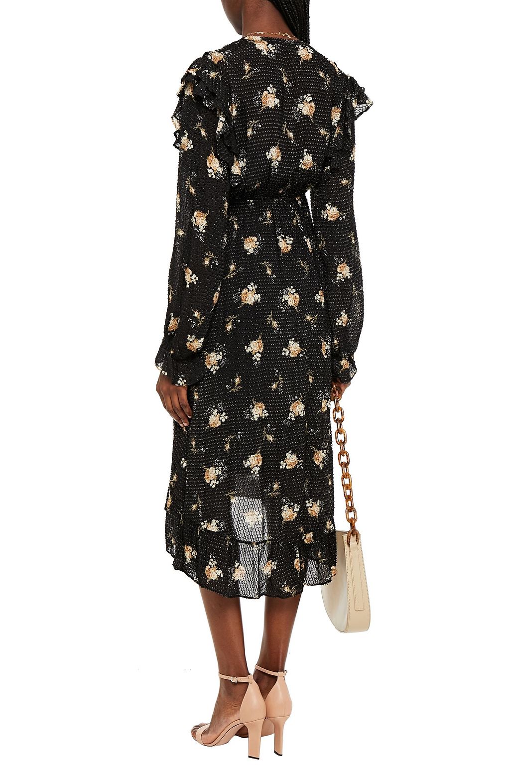 MAJE Midikleid aus Crêpe mit floralem Print, Fil Coupé und Rüschen