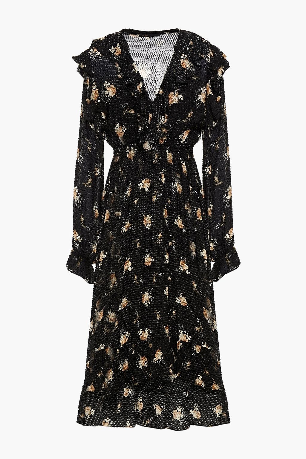 Black Ruffled fil coupé floral-print crepe midi dress | Sale up to 70% ...