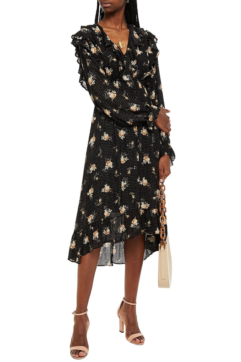 MAJE Midikleid aus Crêpe mit floralem Print, Fil Coupé und Rüschen