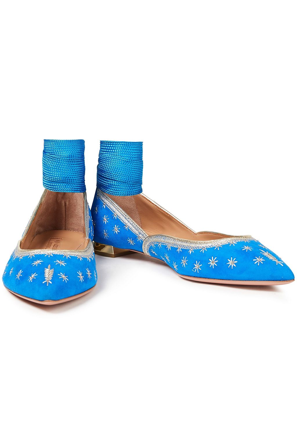 AQUAZZURA Bliss lace-up embellished suede point-toe flats